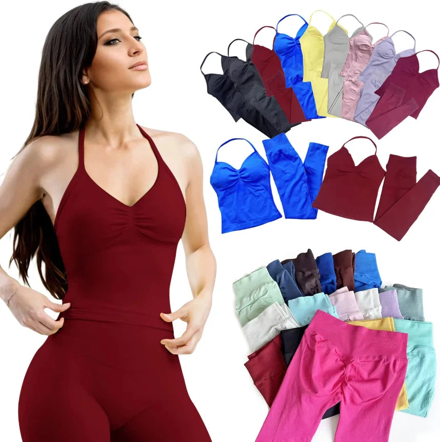 2-Piece Yoga Set Women's Neck Vest and Leggings of The Same Color Resistance Training Exercise Running Seamless Pants Vest Set - Sonic Sweat Lab