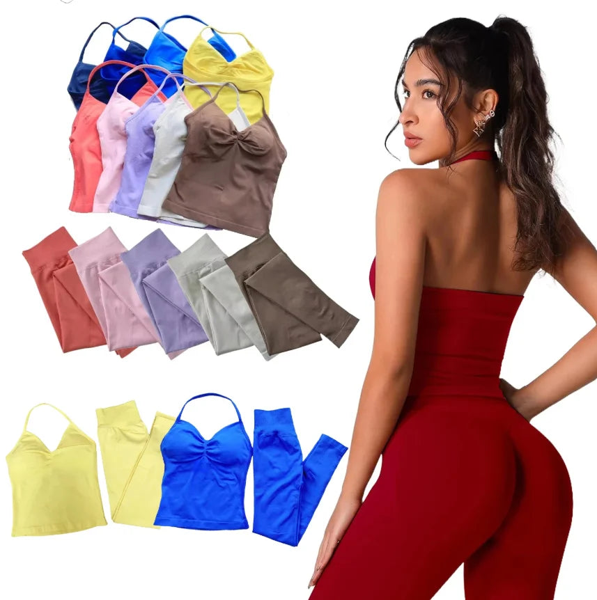 2-Piece Yoga Set Women's Neck Vest and Leggings of The Same Color Resistance Training Exercise Running Seamless Pants Vest Set - Sonic Sweat Lab